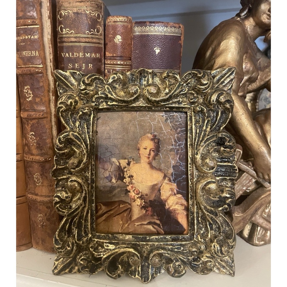 Vtg Italian Florentine Ornate Gold Gilt The Marquise Framed Wall Art 5x5.5"